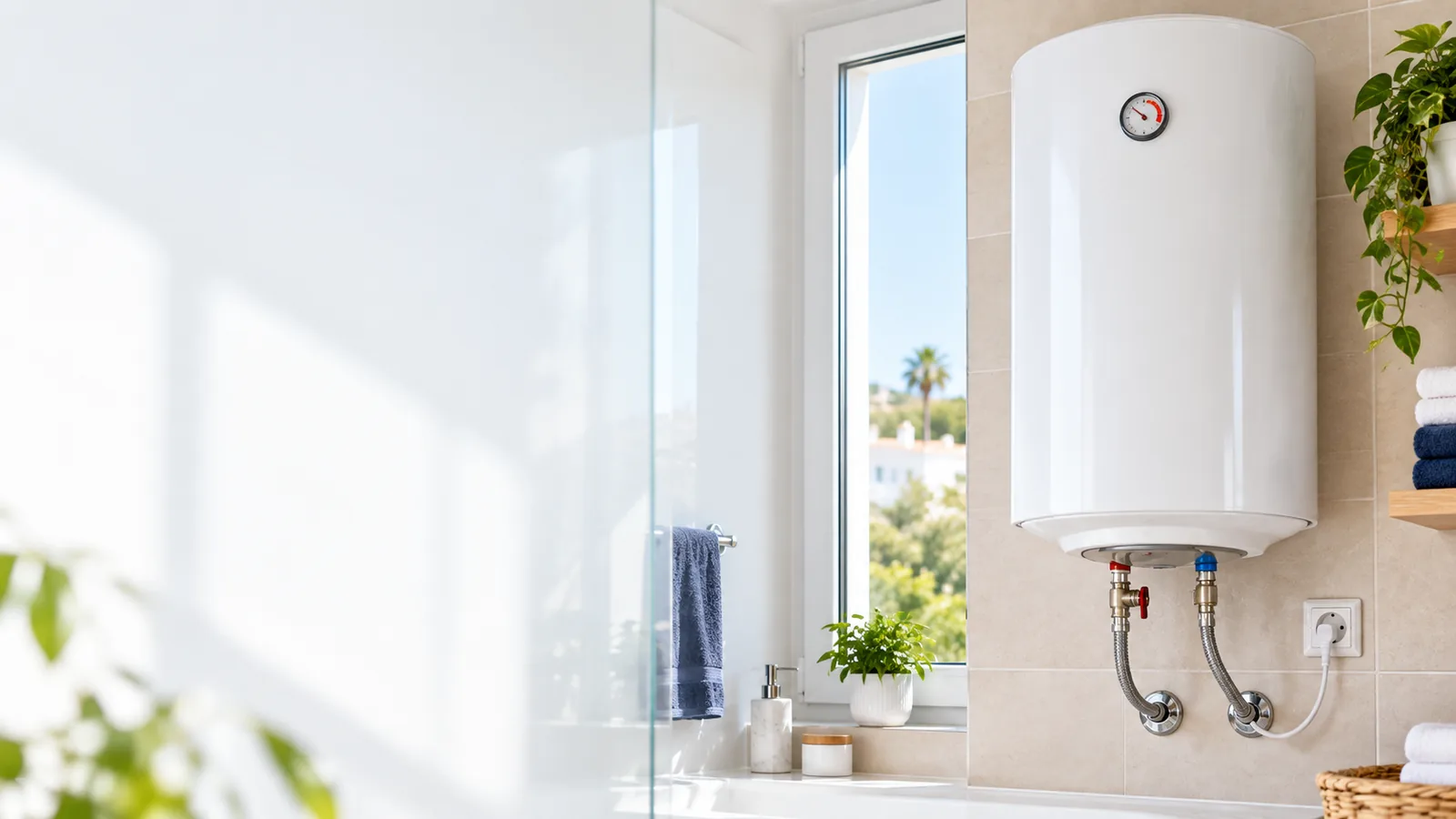 Professionally installed 80L electric water heater in a bright Spanish home